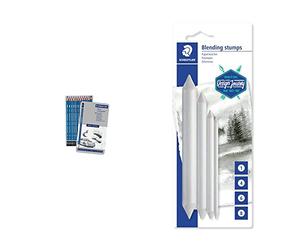 STAEDTLER Mars Lumograph 100 G12, Pack de 12 lápices de dibujo de distinta dureza, Azul + 5426-S BK4ST Difuminadores, Blanco, 1,4,6,8