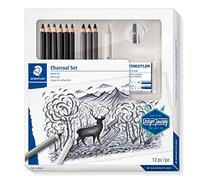 Staedtler Juego de carbón 61 100C — 3 carbones, 5 lápices de artista, borrador amasable, sacapuntas