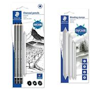 STAEDTLER Mars Lumograph Charcoal 100 C SBK4 ST Design Journey - 3 lápices de carbón surtidos (H, M, S) y un difuminador + 5426-S BK4ST Difuminadores, Blanco, 1,4,6,8