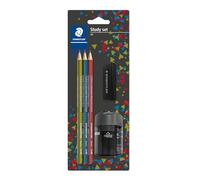 STAEDTLER Noris 183 SBK3P1 - Lápiz, fabricado en madera reciclada, superficie suave antideslizante, tarjeta blíster con 3 lápices HB, 1 goma de borrar y sacapuntas, 183 SBK3P1