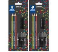 STAEDTLER Noris 183 SBK3P1 - Lápiz, fabricado en madera reciclada, superficie suave antideslizante, tarjeta blíster con 3 lápices HB, 1 goma de borrar y sacapuntas, 183 SBK3P1 (Paquete de 2)