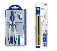 Staedtler NORIS CLUB 550 01, compás escolar de precisión con rueda de ajuste + Staedtler Noris 120-2BK3DA. Lápices de Madera Certificada. Pack con Tres Lapiceros de Grafito HB