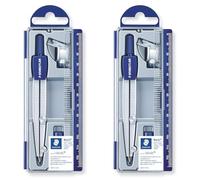 STAEDTLER Noris Club 550, Set de Dibujo Estuche, Compás Escolar, Adaptador y Tubo de Minas, Azul/Metálico (Paquete de 2)