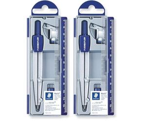 STAEDTLER Noris Club 550, Set de Dibujo Estuche, Compás Escolar, Adaptador y Tubo de Minas, Azul/Metálico (Paquete de 2)