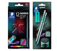 STAEDTLER NORIX 186 - Juego de lápices de colores y 181 lápices fabricados en madera reciclada, forma única, 12 lápices de colores surtidos, 2 lápices HB, goma de borrar y sacapuntas, color verde