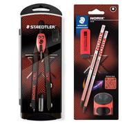 STAEDTLER NORIX Set de compás de ajuste rápido, blíster con 2 lápices HB, goma de borrar y sacapuntas individual, color coral