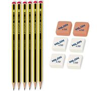 Staedtler Pack Set 6x Lapiceros Lápices Noris HB 2 + Milan 6x Gomas de Borrar Migas de Pan 430 Cuadrada Muy Suave - Goma y Lapicero Ideal para el Colegio, Recambio, Repuesto. Vuelta al Cole, Material