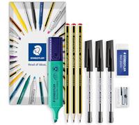 STAEDTLER Paquete de papelería en sobre, 121 lápices de grafito HB, bolígrafos de tinta negra de 430 m, borrador de Marte 526, sacapuntas de un solo agujero 510 + resaltador clásico Textsurfer