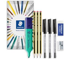 STAEDTLER Paquete de papelería en sobre, 121 lápices de grafito HB, bolígrafos de tinta negra de 430 m, borrador de Marte 526, sacapuntas de un solo agujero 510 + resaltador clásico Textsurfer