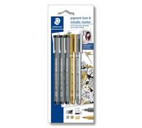 STAEDTLER Pigment Liner 308 SBK3P3 - Blister Set Creativo con 3 Rotuladores calibrados ancho línea 0,1 mm, 0,2 mm y punta biselada 0,3-2,0 mm + 2 rotuladores metálicos en colores oro y plata.
