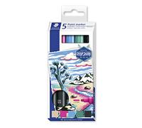 STAEDTLER Rotulador acrílico Lumocolor Design Journey, tinta acrílica permanente, resistente a manchas y al agua, ancho de línea de 2,4 mm, color brillante, 5 rotuladores en colores surtidos, 349 C5,