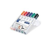 STAEDTLER Lumocolor 351 B WP6, Rotuladores para Pizarra Blanca, Estuche con 6 Marcadores de Colores Variados, Blíster con Seis Marcadores.