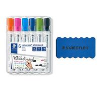 STAEDTLER Rotulador Lumocolor, ancho de línea 2,00 mm, secado rápido, sin olores, larga duración, punta bloqueada, 6 rotuladores para pizarra blanca en caja (6 rotuladores + borradores)