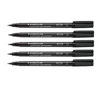 Staedtler Rotulador Permanente Lumocolor, Resistente A Las Manchas y Al Agua En Casi Todas Las Superficies, Ancho de Trazo S 0,4 Mm, Recargable, de Larga Duración, 5 Rotuladores Negros Universales