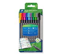 STAEDTLER Rotuladores triangulares Triplus, de plástico reciclado, punta superfina de 0,3 mm, larga vida útil, 10 rotuladores de colores surtidos en estuche de cartón, 334 RC10