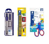 STAEDTLER SET DE COMPAS CON PORTAMINAS + 3 LAPICES CON GOMA Y SACAPUNTAS + TIJERA ESCOLAR Multicolor