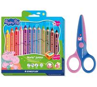 STAEDTLER Set Noris junior Peppa Wutz con un juego de 12 lápices de colores y tijeras infantiles con puntas redondeadas para los primeros ejercicios de manualidades