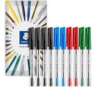 STAEDTLER Stick 430M - Bolígrafo de punta media de 0,5 mm, paquete de 10 en embalaje de sobre, tinta negra, azul, roja y verde