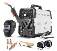 STAHLWERK Soldadora Mini FLUX 120 ST Digital - Equipo completo - Máquina de soldar con hilo hueco (FLUX) sin gas protector hasta 120 A, hilo sinérgico, luz LED, función Lift-TIG & MMA (Electrodo/ARC)