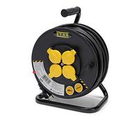 Stak REELHD-FR-40 - Enrollador eléctrico Profesional Resistente al Agua IP44 Cable 40 m de Goma 3G1,5 mm2 para Obras, Bricolaje, jardín, 4 enchufes, Estructura de Acero, Color Negro
