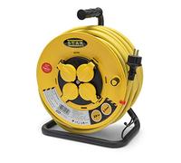 Stak REELPRO-FR-25 - Enrollador eléctrico profesional, tambor fijo, resistente al agua IP44 cable 25 m de goma 3G2,5 mm2 para obras, bricolaje, jardín, 4 enchufes, chasis de acero, color amarillo