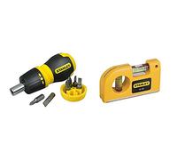 Stanley 0-66-358 - Destornillador Con Carraca Y 6 Puntas + 0-42-130 - Nivel De Bolsillo Con 2 Burbujas