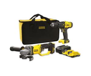 Stanley Combo Kit V20 Li-ion 18v: Taladro Percutor Sfmcd711 + Mini-amoladora Sfmcg400 Con 2 Baterías Li-ion 2ah Y Bolsa De Transporte
