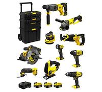 STANLEY FatMax Kit SVK1001 (SFMCH900 + SFMCG400 + SFMCD711 + SFMCF800 + SFMCS500 + SFMCS600 + SFMCW220 + SFMCS300 + SFMCE500 + SFMCL020 + 3 Baterías de 4,0 Ah + Cargador + Carro 3en1)