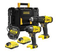 Stanley - Juego de taladro de impacto y llave de impacto a batería, de 18 V, 2 baterías 2,0 Ah Li-Ion, cargador SFMCK465D2T-QW