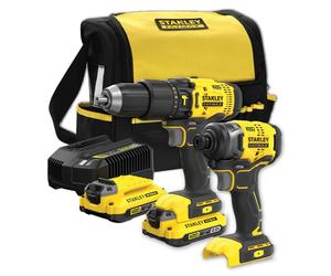 Stanley - Juego de taladro de impacto y llave de impacto a batería, de 18 V, 2 baterías 2,0 Ah Li-Ion, cargador SFMCK465D2S-QW