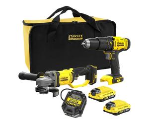 STANLEY SFMCK471D2S-QW - Combo kit v20 li-ion 18v: taladro percutor + mini-amoladora con 2 baterías 2ah, cargador y bolsa de transporte