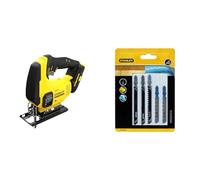 STANLEY SFMCS600B-XJ Sierra de calar V20 Lithium-Ion 18V sin batería + STA27030-XJ - Juego de 5 hojas HCS/HSS. Para distintos cortes en madera <60mm y cortes en metal 0.8mm-4mm