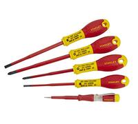 STANLEY XTHT0-62693 - Juego 5 destornilladores FatMax VDE con punta reducida. Electricista 3.5x75mm, 5.5x150mm; Pz1x100mm, Pz2x125mm, Test de voltaje