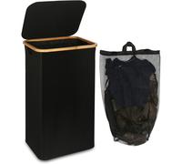 STARLEY-Cesto ropa sucia, Grande y Alto con Tapa, , cubo Plegable con Asas de Bambú, con Bolsa Interior Negro,33X40.5X70CM