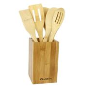STARLEY-Set de 5 utensilios de cocina Quttin con soporte bambú natural,30 cm,cucharas y espátulas ranuradas y lisas con agujero para colgar, palas para cocinar