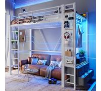 staronce Cama alta 90 x 200 cm con espacio de almacenamiento, cajones, LED | Cama alta compacta con cajones y espacio de almacenamiento para habitaciones pequeñas - con LED y USB para mayor comodidad
