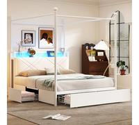 staronce Cama doble y cama de metal, 140 x 190 cm, color blanco, cama con 3 cajones y dosel, cama con dosel con LED y USB, cama para adultos/adolescentes, soporta 220 kg