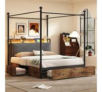 staronce Cama doble y cama de metal, 140 x 190 cm, color negro, cama con 3 cajones y dosel, cama con dosel con LED y USB, cama para adultos/adolescentes, soporta 220 kg