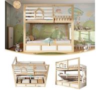 staronce Litera de 90 x 200 cm, cama infantil estilo cabaña con ventanas y barandillas de seguridad, cama de madera con espacio de almacenamiento hidráulico, cama de almacenamiento para 2 niños
