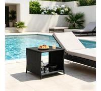 staronce Mesa auxiliar cuadrada de ratán sintético resistente a la intemperie con tapa de cristal y compartimento de almacenamiento, práctica mesa de jardín para terraza, balcón o como taburete para