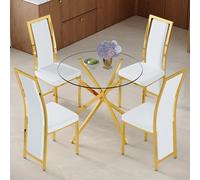staronce Mesa de comedor con 4 sillas redondas de cristal templado de 88 cm, color dorado y blanco