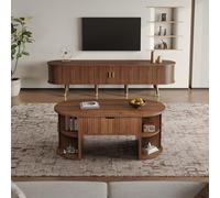 staronce Mueble bajo para TV de 175/100 cm con puertas correderas y placa elevadora, 2 piezas, tablero de madera de densidad media, mesa de café, nogal