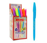 Starplast Pack 50 Bolígrafos - Bolígrafos con capuchón, Tinta Azul, 5 Cuerpo Colores Flúor, 50 unidades, antideslizante, con caja expositor, para uso escolar o de oficina.