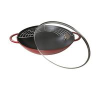 STAUB Wok de hierro fundido, Incluye tapa de cristal y rejilla extraíble, Apto para inducción, Ø 37 cm, 5,7 L, Rojo cereza