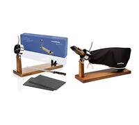 Steelblade - Jamonero Giratorio 360º en Madera Lacada + Cuchillo Jamonero 28 cm + 2 Platos de Pizarra Natural + Cubre Jamón Color Negro con Borde Beige - Algodón 50% - Funda Jamón Extra Largo