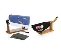 Steelblade - Jamonero Giratorio 360º en Madera Lacada + Cuchillo Jamonero 28 cm + 2 Platos de Pizarra Natural - Soporte Jamonero Fabricado en España - Jamonera 2 Posiciones para Jamones y Paletas