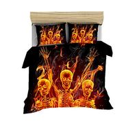 Sticker Superb Juego de Cama Gótico con Calavera Impresa en 3D Poliéster Oro Gris Negro Flor Rosa Llama Cráneo de Muerte Funda Nórdica y Funda de Almohada Sábanas de Lino (Naranja,150x200 cm-Cama 90)
