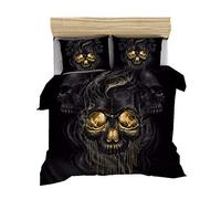 Sticker Superb Juego de Cama Gótico con Calavera Impresa en 3D Poliéster Oro Gris Negro Flor Rosa Llama Cráneo de Muerte Funda Nórdica y Funda de Almohada Sábanas de Lino (Negro,150x200 cm-Cama 90)