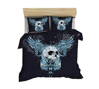 Sticker Superb Juego de Cama Gótico con Calavera Impresa en 3D Poliéster Oro Gris Negro Flor Rosa Llama Cráneo de Muerte Funda Nórdica y Funda de Almohada Sábanas de Lino (Azul,150x200 cm-Cama 90)