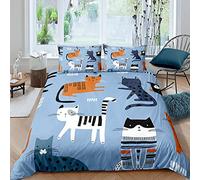 Sticker Superb. Juego de Cama Microfibra Niños Funda de edredón y Funda de Almohada Animal Lindo Gato Cat Azul Gris Beige Jardín Gatito Niña 3 Piezas 100% Poliéster 220x240 cm,Cama 150 cm